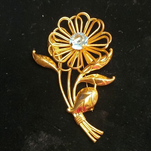 Aquamarine Center Flower Brooch Floral Pin Statement Gold Tone Vintage Unsigned - Picture 2 of 7